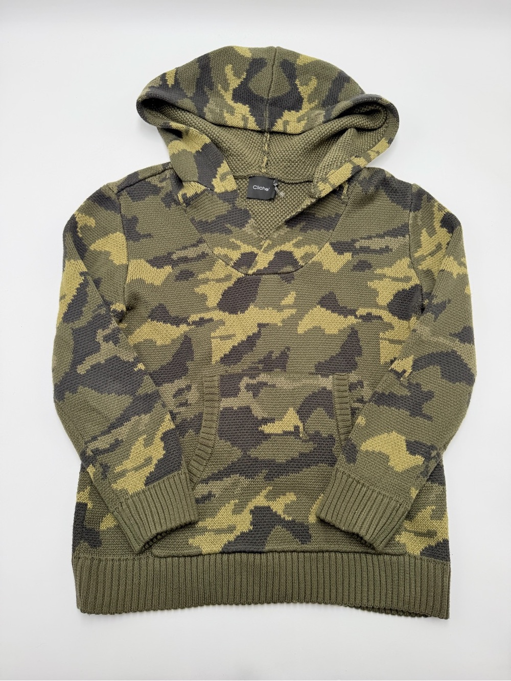 Cliche Camo Knit Hoodie Sweater Women’s XS Green Pullover Kangaroo Pocket